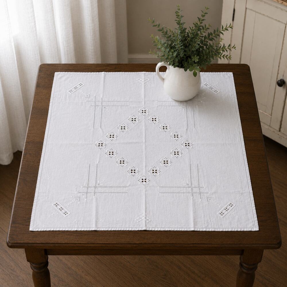 Vintage White Cutwork Embroidered Cotton Table Covering Cottage Farmhouse 32X32